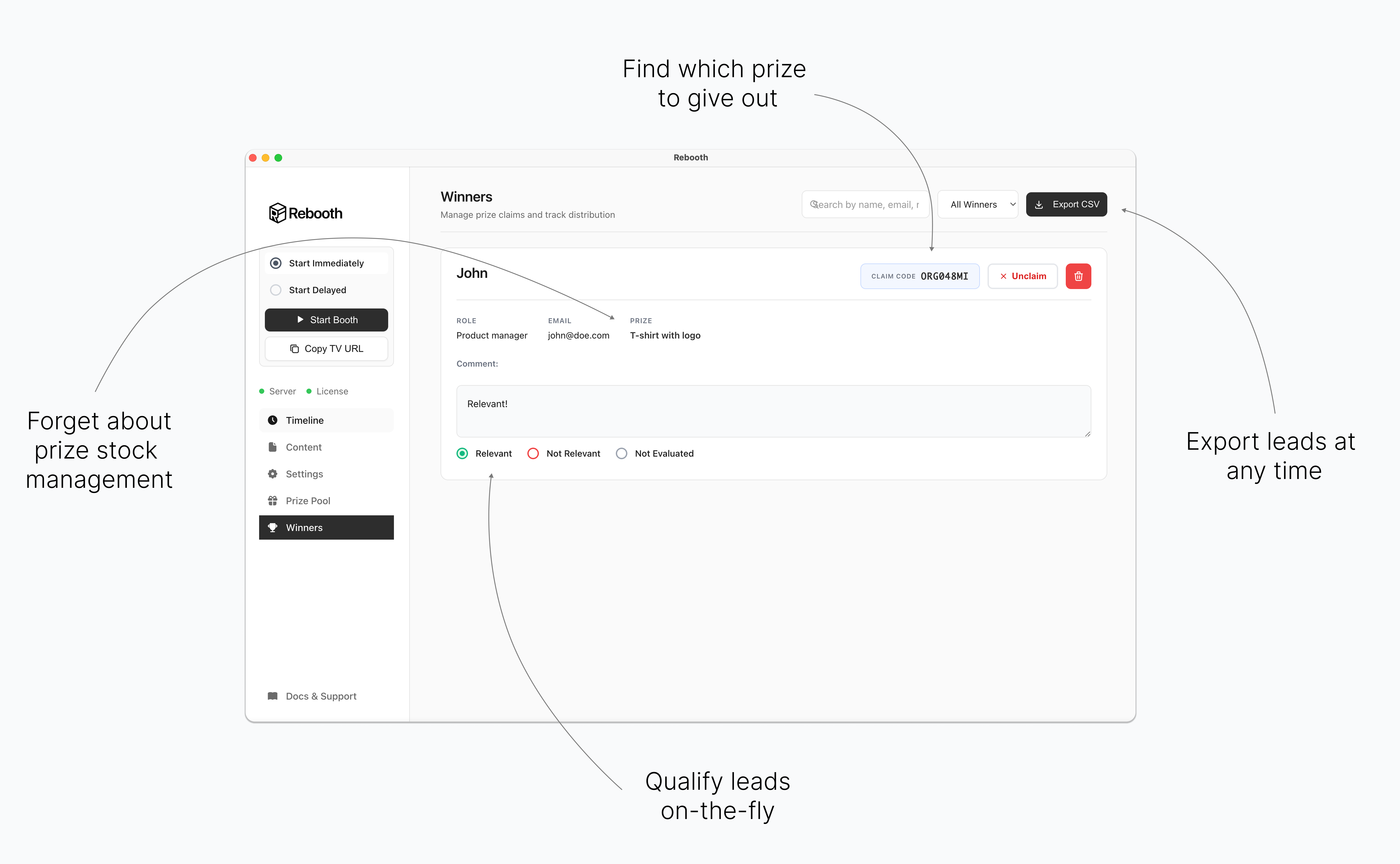 Rebooth Winners Dashboard - Real-time lead tracking and prize management interface