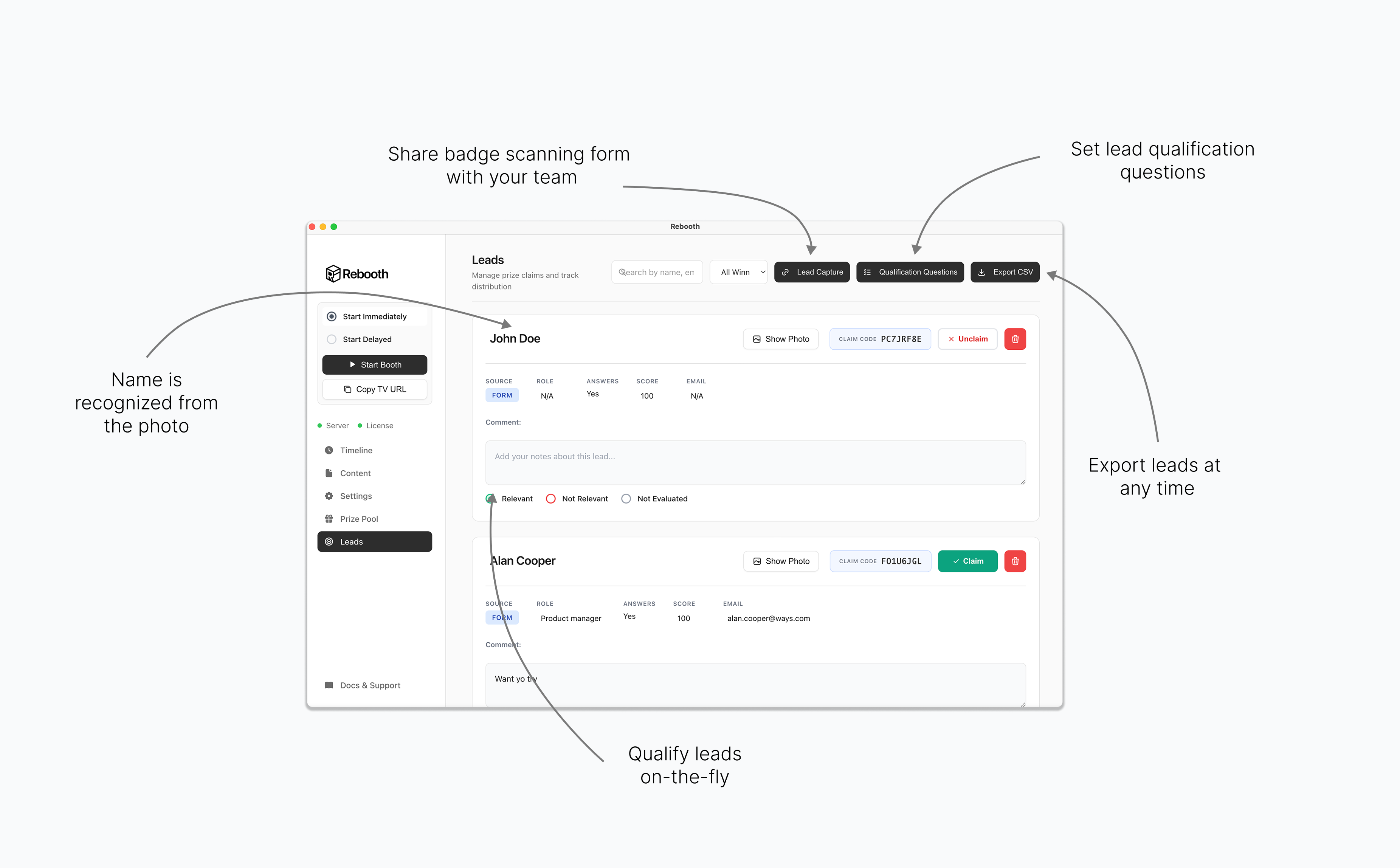 Rebooth Winners Dashboard - Real-time lead tracking and prize management interface